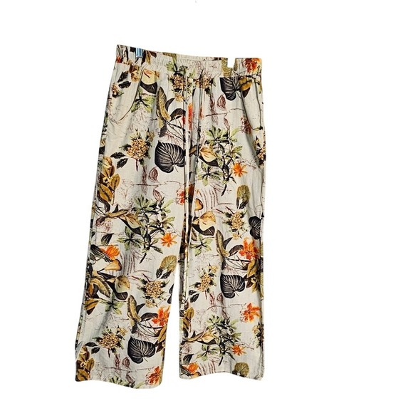 Floral Print Women's 100% Wide Leg Cotton Flowy Pants, Elastic Waist L Vacation - Picture 2 of 10